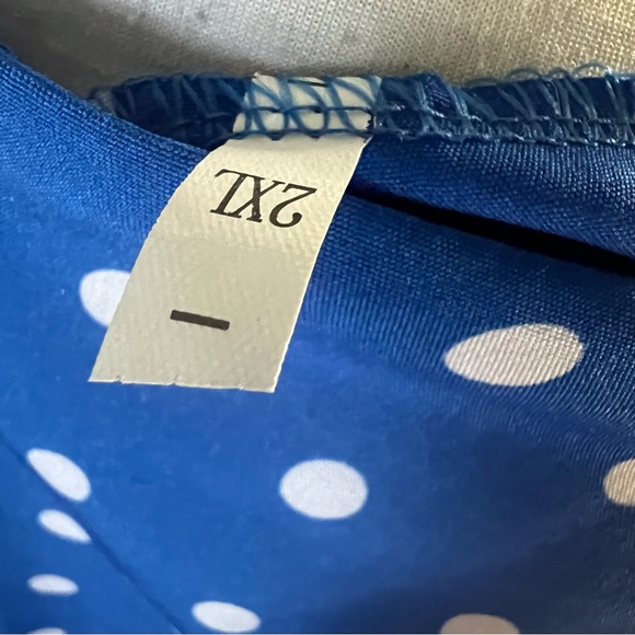 Belted blue with white poka dots dress, short sleeves knee length.19pp X 40L - Picture 11 of 11